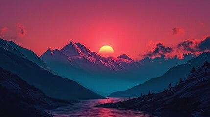 Fototapeta premium A mesmerizing vaporwave landscape featuring mountains at sunset.