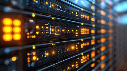 Naklejka premium Row of server racks with blinking lights. Data storage, processing units