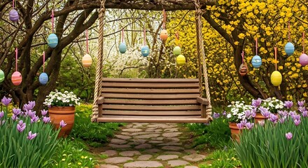 Fototapeta premium A tranquil Easter garden with a wooden swing, pastel-colored eggs hanging from the trees, and flowers blooming, AI Generated