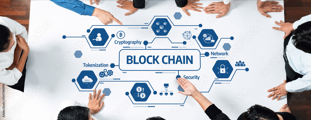 Poster A collaborative workspace showcasing a detailed blockchain technology overview, emphasizing key concepts like cryptography, security, and tokenization. Amity