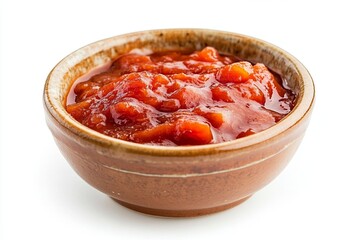 Bowl of fresh tomato sauce with chunky texture on a white background, ideal for culinary use
