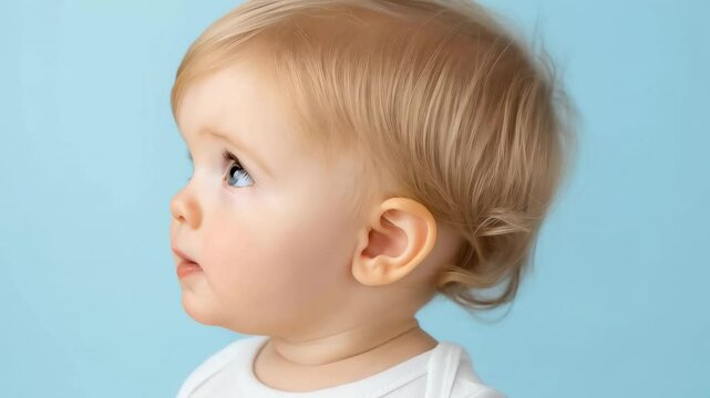 Adorable Baby with Blue Background and Curious Expression