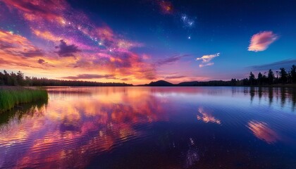 Obraz premium the calm waters of a glitter lake glittering at sunset with vibrant colors in the sky