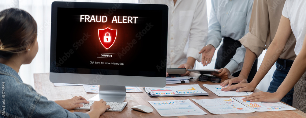Poster cyber security software show alert of cyber attack for protection brisk. danger from virus, phishing