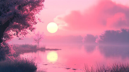 Fototapeta premium A rosy sunrise casts a warm glow, with dewdrops shimmering like diamonds in a scene brimming with romance and magic.