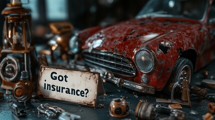 Fototapeta premium A wrecked red car with a sign saying Goth Insurance?. Vintage style. Shows how important it is to think about the consequences before getting behind the wheel.