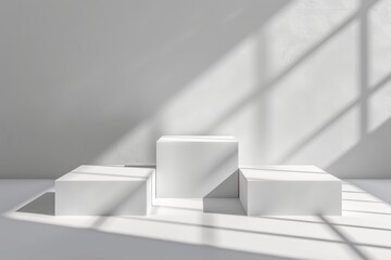 Minimalist white cube display on a sunlit wall, ideal for product showcasing or branding.