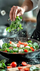 In a bustling kitchen, a chef skillfully tosses a vegetable salad with fresh ingredients like spinach and tomatoes, creating a colorful, healthy dish