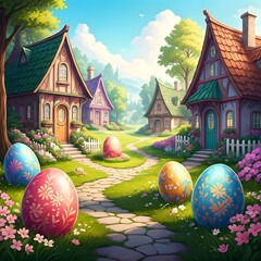  A whimsical Easter village with pastel-colored houses, decorated eggs, and spring blossom, Ai Generated