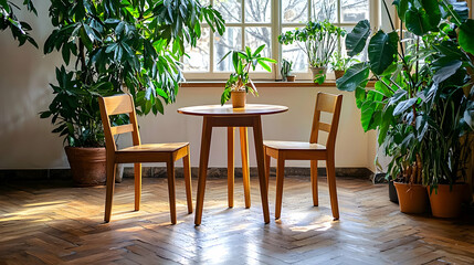Bright Room Interior Features Wooden Table And Chairs Surrounded By Potted Green Plants Beside A Window