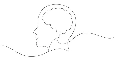 one continuous line drawing of human head and brain.one line drawing of human head illustration,health and intelligence concept.single line vector illustration.isolated on white background
