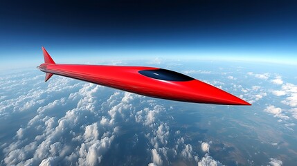 Naklejka premium A red futuristic aircraft soaring above fluffy white clouds and blue sky