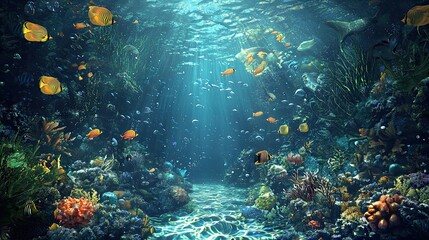 Fototapeta premium Vibrant coral reef teeming with diverse marine life underwater