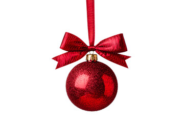 Red bauble with bow isolated on black background, cut out transparent