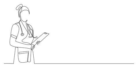 continuous line of nurse carrying clipboard and stethoscope.single line drawing of patient examination.health concept single line.isolated on white background