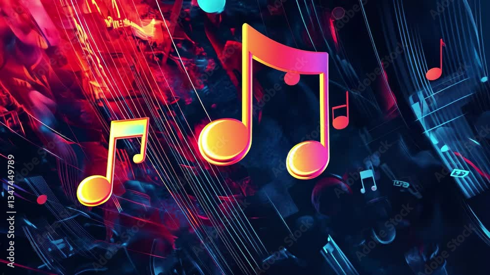 Poster Vibrant abstract motion background featuring music symbols in vivid colors, abstract music icons motion background