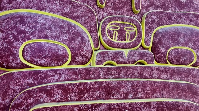 A purple and yellow object with a face drawn on it. The face is of a person with a beard