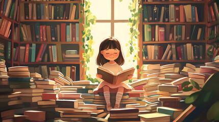 A little girl sits in a small library, surrounded by piles of books, smiling happily as she reads her favorite story