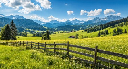 Idyllic Mountain Pasture Landscape with Wooden Fence Under Blue Sky