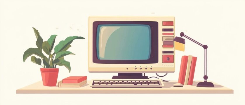 Retro computer workstation with vintage monitor, keyboard, books, and plant on a desk Concept of old technology, home office, study, and workspace
