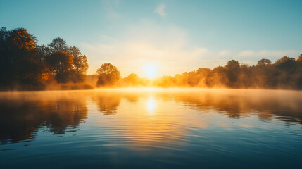Fototapeta premium Golden Sunrise Over Misty River Landscape