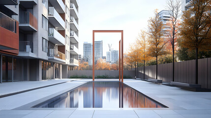Modern Residential Courtyard with Pool and Fall Trees