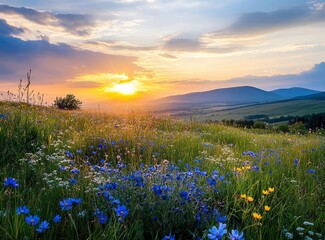 Fototapeta premium Blooming Meadow at Sunset with Flowers and Mountains in the Distance