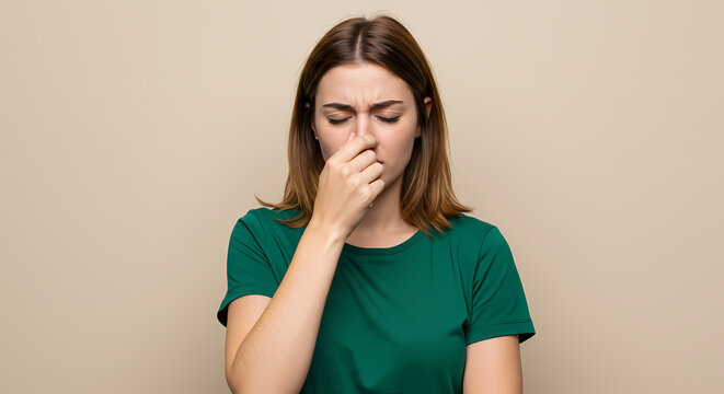Woman holding her nose bad smell