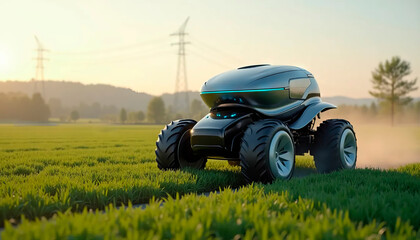 Obraz premium Futuristic agricultural robot in a field at sunset, showcasing advanced farming technology