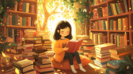 A little girl sits in a small library, surrounded by piles of books, smiling happily as she reads her favorite story