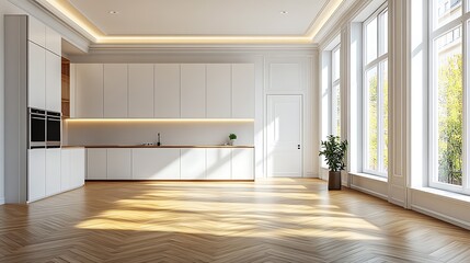 Modern Minimalist Kitchen with City View, Modern minimalist kitchen with white cabinets, built-in appliances, and large windows overlooking a cityscape