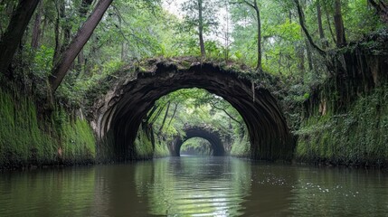 Serene journey through an ancient waterway tunnel enveloped by vibrant woodlands