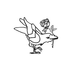 Vector illustration of raven holding rose black and white, hand draw illustration