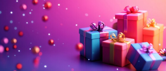 Colorful gift boxes with ribbons on a vibrant pink and purple background with bokeh lights Concept of celebration, holidays, and special occasions
