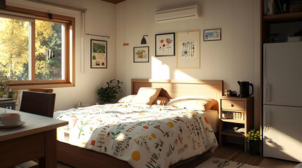 Bright Cozy Bedroom Interior Featuring Sunlight Streaming Through Window with Bed Table and Decorative Art