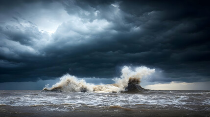 Stormy Waves Crashing On Coastline Under Dark Clouds