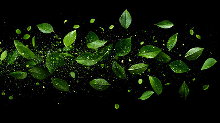 Flying Fresh Green Leaves Against Black Background