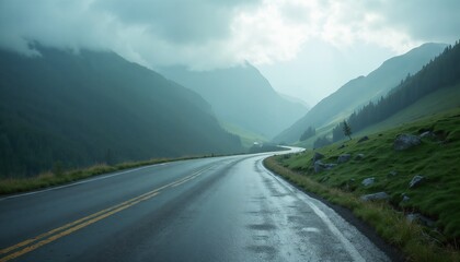 Naklejka premium Scenic winding road through misty mountains with lush greenery and wet pavement