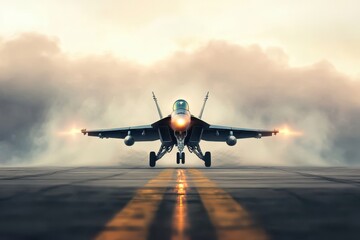 Fototapeta premium Fighter jet prepares for takeoff amidst smoke on a runway at dusk