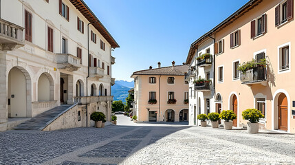 European Town Square Scene With Cobblestone Street Buildings Balconies and Potted Plants Under Blue Sky