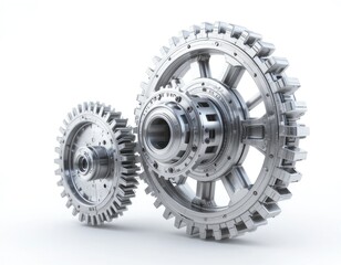 Two Silver Gears Close-up on White Background Showcasing Engineering Design