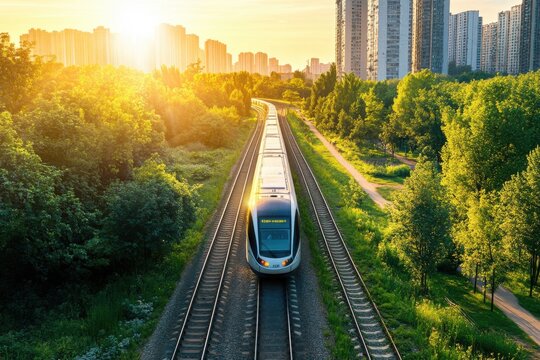 Modern train moving through a lush green landscape towards a city skyline during golden hour, symbolizing sustainable urban transportation and eco-friendly mobility