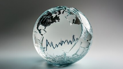 a glass globe with a broken surface in a studio setting, symbolizing the world's fragility and environmental awareness. The glass globe shows a pattern of geographical broken structure