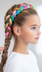 Naklejka premium A close-up shot of a little girl with a braid of vibrant, multi-colored hair. The hair features a mesmerizing blend of color, including pink, blue, yellow, and green