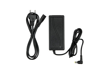 A black power adapter with two cables, one ending in a plug for an outlet and the other in a...