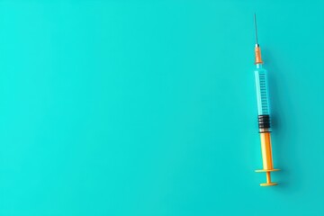 Syringe on a bright blue background showcasing medical equipment for vaccinations and healthcare purposes