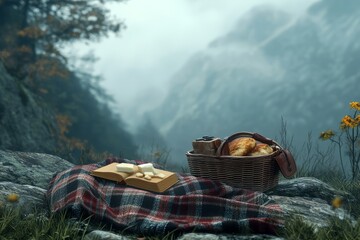 Rustic picnic setup with cheese, bread, and fruits near misty mountains in autumn scenery
