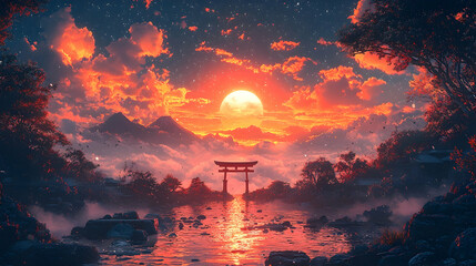 Fototapeta premium Pixelated Sunset Landscape With Torii Gate