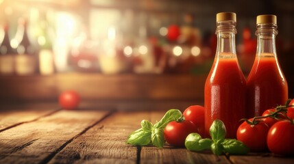 Bottles of homemade tomato sauce on a wooden countertop, fresh ripe tomatoes and basil leaves nearby, warm rustic lighting
