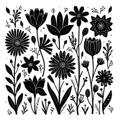 Seamless floral pattern, Black and white flowers, set of black and white flowers